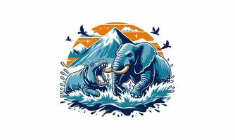 elefante y hipopótamo en montaña vector obra de arte diseño