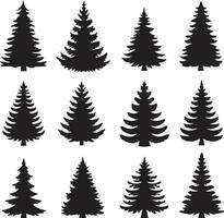 Silhouette Solid Vector Icon Set Of Christmas Tree, Yule tree, Fir tree, Tannenbaum, Evergreen, Conifer, Pine tree, Holiday tree, Festive tree, Decorated tree, Seasonal tree.