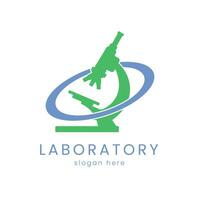 microscopio planeta laboratorio Ciencias logo, azul y verde color considerar incorporando un estilizado, limpiar y minimalista diseño vector