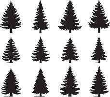 Silhouette Solid Vector Icon Set Of Christmas Tree, Yule tree, Fir tree, Tannenbaum, Evergreen, Conifer, Pine tree, Holiday tree, Festive tree, Decorated tree, Seasonal tree.