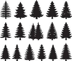 Silhouette Solid Vector Icon Set Of Christmas Tree, Yule tree, Fir tree, Tannenbaum, Evergreen, Conifer, Pine tree, Holiday tree, Festive tree, Decorated tree, Seasonal tree.