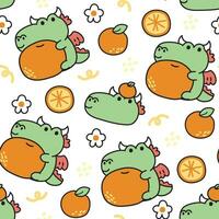 Seamless pattern of cute dragon with orange on white background.Chinese animal cartoon.Zodiac.Fruit,flower,tiny icon hand drawn.Baby girl and boy clothing print screen.Kawaii.Vector.illustration. vector