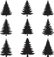 Silhouette Solid Vector Icon Set Of Christmas Tree, Yule tree, Fir tree, Tannenbaum, Evergreen, Conifer, Pine tree, Holiday tree, Festive tree, Decorated tree, Seasonal tree.