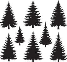 Silhouette Solid Vector Icon Set Of Christmas Tree, Yule tree, Fir tree, Tannenbaum, Evergreen, Conifer, Pine tree, Holiday tree, Festive tree, Decorated tree, Seasonal tree.