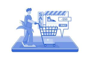 hombre compras en línea ilustración concepto en un blanco antecedentes vector