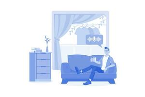 Man Listening To The Podcast While Sitting On A Couch vector