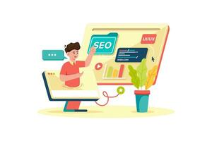 Digital marketer crafting SEO strategy for new website. vector