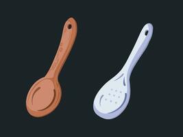 Wooden and plastic material rice spoon vector illustration isolated on dark horizontal background. Simple flat cartoon art styled drawing.