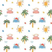 Christmas crab seamless pattern. Tropical new year party print. Vector funny print with lobsters, palm tree. Cartoon sea character illustration for wallpaper, repeat background, print, textile design.
