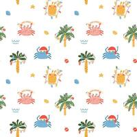 Christmas crab seamless pattern. Tropical new year party print. Vector funny print with lobsters, palm tree. Cartoon sea character illustration for wallpaper, repeat background, print, textile design.