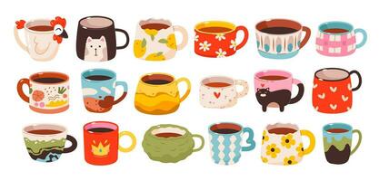 Cups of tea and coffee drinks set. Cute trendy hand drawn mugs with ornaments. Ceramic Crockery. Flat vector illustration isolated on white background.