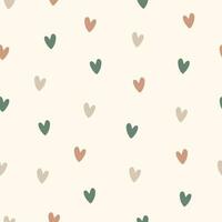 Hand drawn seamless vector pattern of small pastel colored hearts in boho style on a milky background.