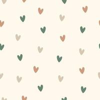 Hand drawn seamless vector pattern of small pastel colored hearts in boho style on a milky background.