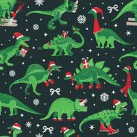 Dino Christmas Party Tree Rex. Dinosaur in Santa hat decorates. Vector seamless pattern of funny character in cartoon flat style.