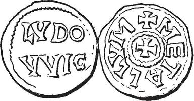 Coin Currency, Carolingian Dynasty, vintage engraving vector