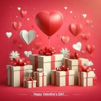 AI generated Gift box, balloon and red paper cut Heart floating it the sky. Happy Valentine's Day banner. Square postcard photo