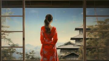 AI generated Girl in red kimono on background of Japanese landscape. Generative AI photo