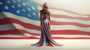 AI generated Blonde woman in dress with colors of USA flag, view from the back. Generative AI photo