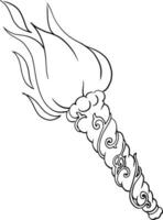 Linear drawing of an antique torch with flame in fantasy style. The torch is decorated with a floral pattern. For printing on objects, coloring books, website design. Hand drawn in vector format.