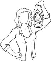 The girl holds an old lantern above her head. Linear quick sketch without a face. Vector image of a person with a line. For printing advertisements, posters, business cards, banners.