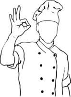 Chef in a chef's hat. Image of a person, drawing without a face. For printing on shop windows, posters, menus and signs. For restaurants, pizzerias, cafes, bakeries. Line vector image.Freehand drawing