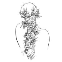 Vector graphics line drawing of a young woman with flowers