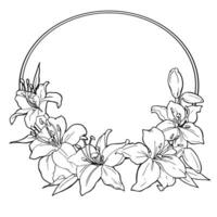 Vector graphics. Linear freehand drawing of a frame of lilies. From the collection HAIR DECORATION. For the design of websites, business cards, labels, printing posters on textiles and dishes