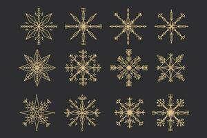 Set Golden snowflake crystal elegant line christmas decoration on dark background, collection winter ornament frozen element. Vector illustration