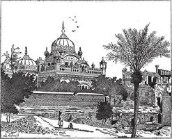 Mausoleum of Ranjit Singh, Lahore, Pakistan, vintage engraving. vector