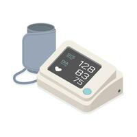 A portable home use medical equipment. Digital sphygmomanometer measuring blood pressure and heart rate. Isometric vector design. Isolated object on white background.