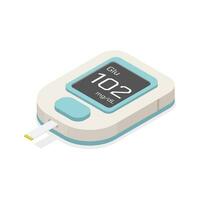 A portable home use medical equipment. Glucometer measuring glucose level in blood flow. Isometric vector design. Isolated object on white background.