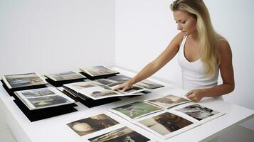 AI generated Looking back, female model looking at photos in photo album, collages of the past