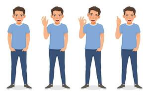 Set of young man showing different posing gestures and hand signs expressions vector