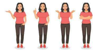 Set of young woman showing different posing gestures and hand signs expressions vector