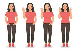Set of young woman showing different posing gestures and hand signs expressions vector