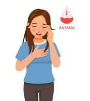 Young woman with anemia feel dizzy, fatigue, tired, chest pain because of low levels of hemoglobin in the blood or iron-deficiency vector