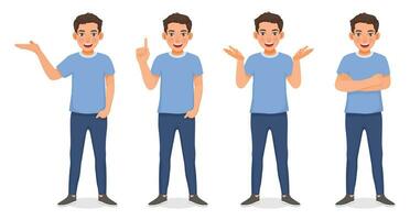 Set of young man showing different posing gestures and hand signs expressions vector