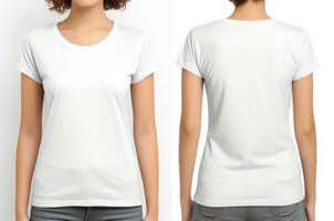 AI generated Woman in a white T shirt on a clean white background. Front and back views. Copy space. Close-up. Mockup for design. Promotional clothing for the store. Booklet, poster, magazine. photo