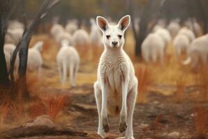 AI generated Albino kangaroos in their natural habitat. White albino kangaroo on blurred background of its flock in nature. Kangaroo looks at the camera. Wild nature photo