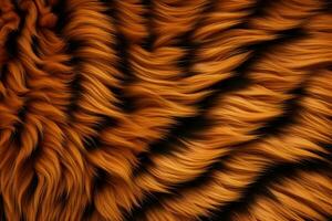 AI generated Tiger fur texture. Striped yellow black fluffy fur of a tiger. Fluffy fur of a red animal. Long soft cozy wool. Warm blanket, carpet, blanket, bedspread. Layout for design. photo