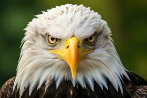 AI generated Eagle with keen gaze. Wild bird. On green background. Closeup of bald eagle intense gaze, showcasing its sharp, beady eyes and distinctive plumage. Portrait of wildlife magnificence photo