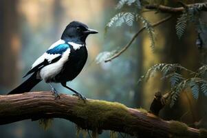 ai generado hermosa urraca en árbol rama en un tranquilo bosque. naturaleza y fauna silvestre. borroso antecedentes. negro y blanco plumaje de un pájaro. ornitología. tarjeta postal, bandera, póster, imprimir, cubrir. foto