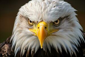 AI generated Eagle with keen gaze. Wild bird. Close up of bald eagle intense gaze, sharp, beady eyes. For Postcard, poster, banner, landing page, presentation, cover, stationery, scientific journal. photo