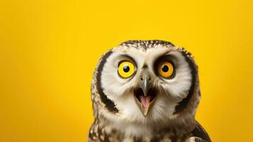AI generated Surprised owl with open beak on yellow background. Owl or eagle owl close up with large surprised yellow eyes screams. For poster, banner, postcard, advertising. shocking news poster photo