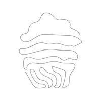 Continuous one line drawing of cupcake. Simple line art of muffin with wavy frosting. Black and white vector illustration in one line style. Design element for postcard, print, banner, poster textile.