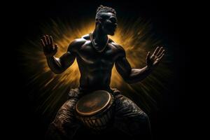 AI generated African drummer in traditional clothing playing djembe drum and dancing against a dark background. The man beats out a groovy rhythm. A brilliant performance by a musician. photo