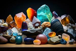 AI generated Collection of assorted gemstones in their raw, uncut form, natural beauty of precious stones. Amber, amethyst, topaz, jasper, beryl, jade, opal, turquoise, carnelian, hematite. Jewelry. photo