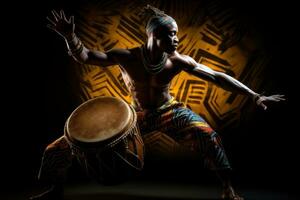 AI generated African drummer in traditional clothing playing a djembe drum and dancing against a dark background. The man beats out a groovy rhythm. A brilliant performance by a musician. photo