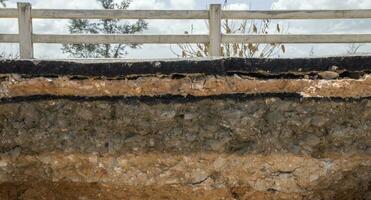 The curb erosion from storms. To indicate the layers of soil and rock. photo