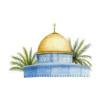 Mosque Dome of the Rock with palm trees in Jerusalem watercolor illustration. Al Aqsa on Temple Mount in Israel vector